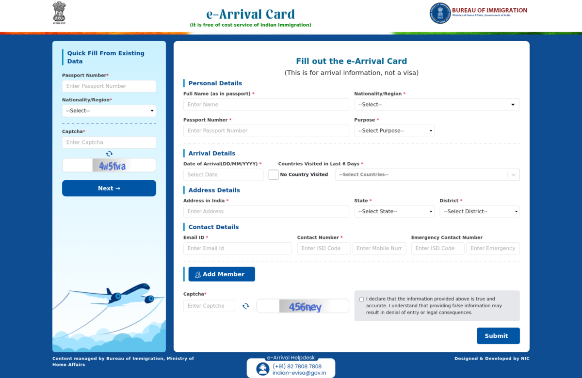 Overzicht van het India e-Arrival Card portaalformulier