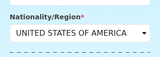 Nacionalidad seleccionada — vista después de seleccionar "UNITED STATES "
