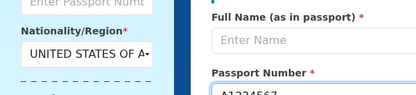 Step 2 (after selection): The dropdown shows UNITED STATES OF AMERICA selected.