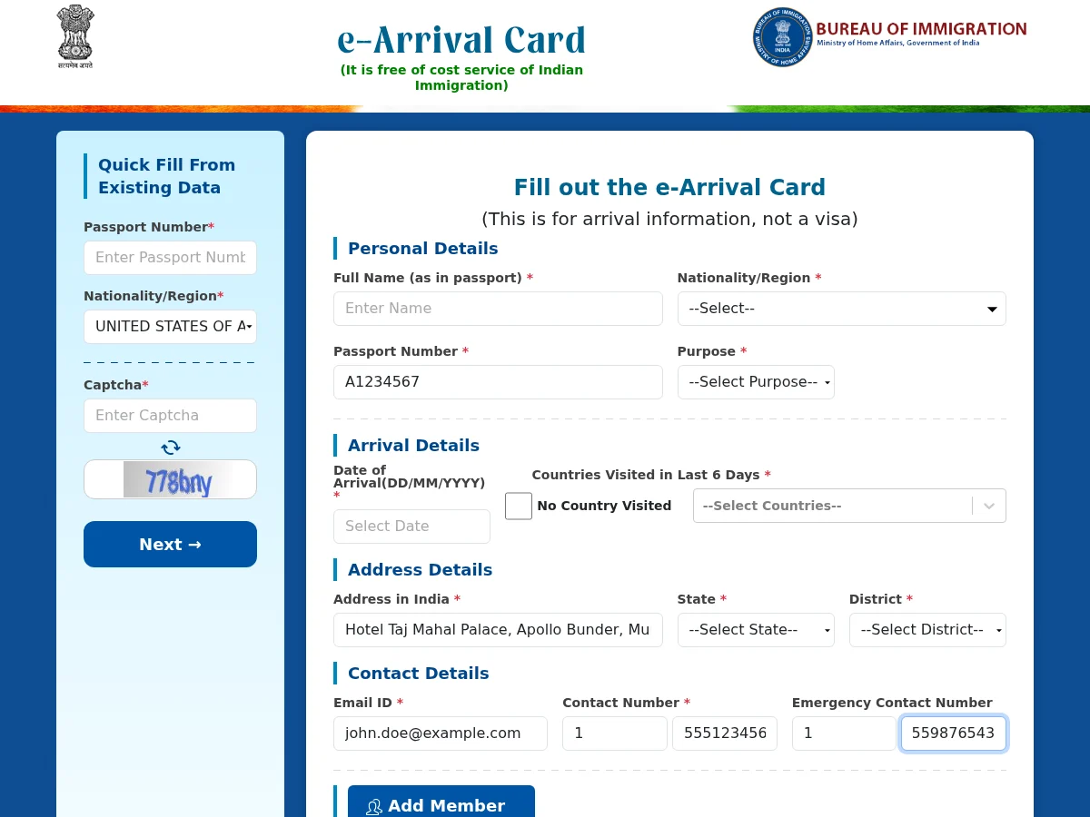 Step 9: Review the completed form - verify passport number, email, and contacts 